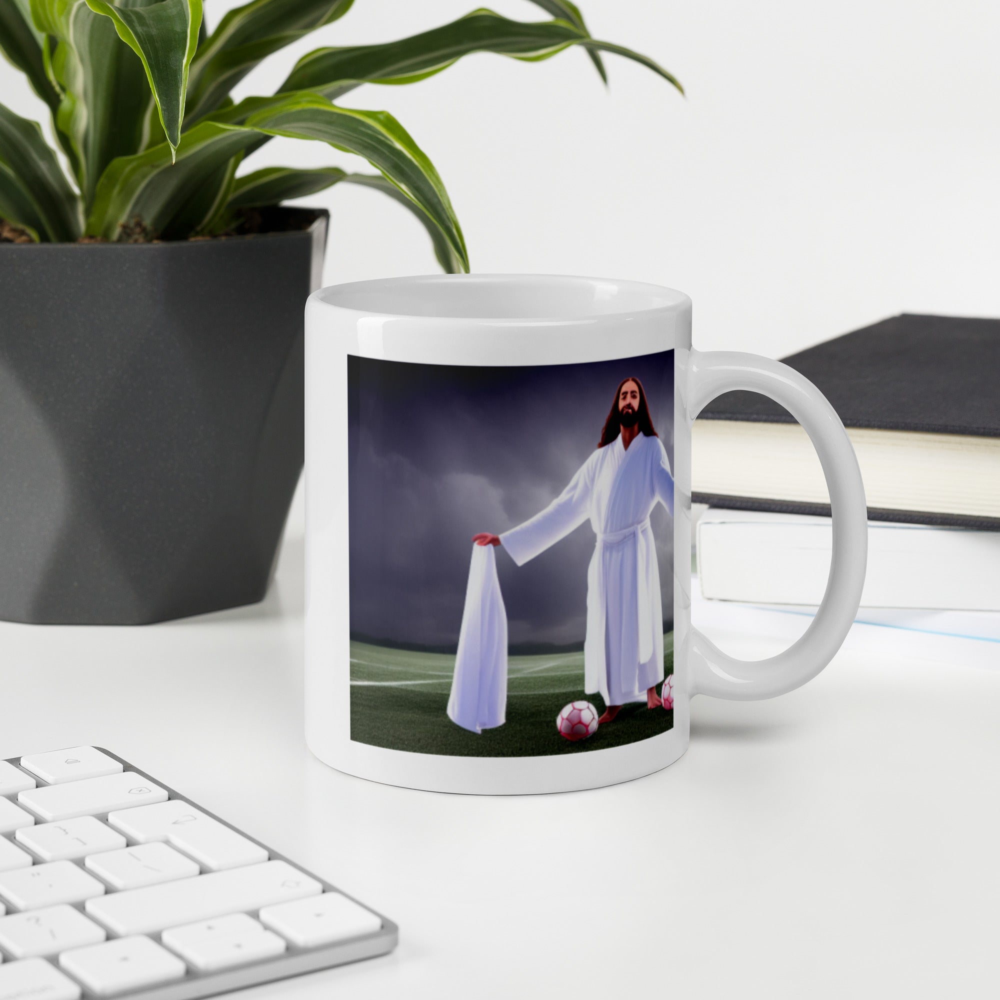 White glossy mug - jesus playing soccer