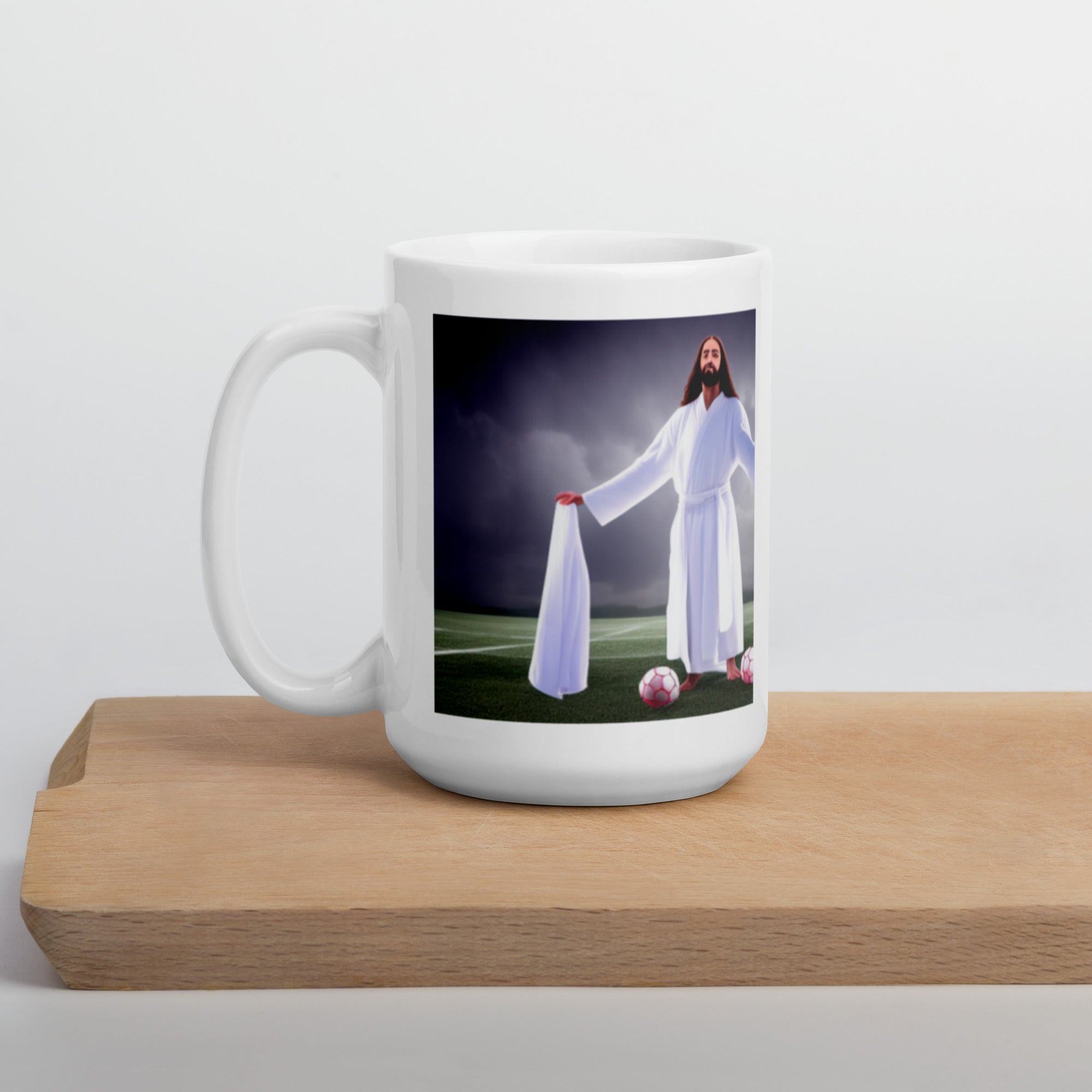 White glossy mug - jesus playing soccer