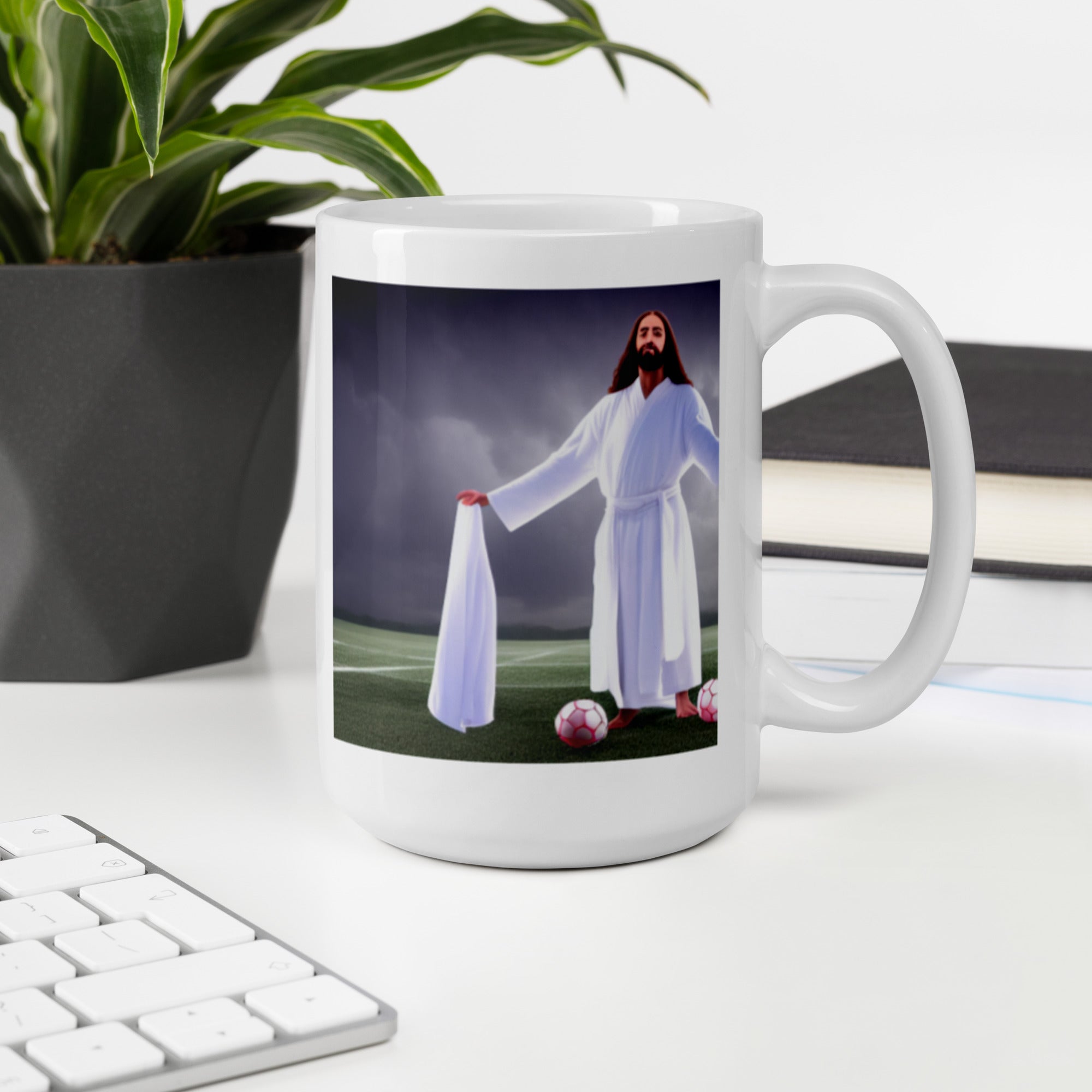 White glossy mug - jesus playing soccer